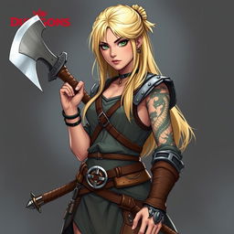 In a Dungeons & Dragons universe, depict a 25-year-old human barbarian wizardess with an athletic build, standing 1