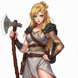 In a Dungeons & Dragons universe, depict a 25-year-old human barbarian wizardess with an athletic build, standing 1