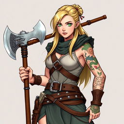 In a Dungeons & Dragons universe, depict a 25-year-old human barbarian wizardess with an athletic build, standing 1