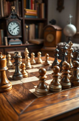 A detailed chessboard set up for a game in progress, featuring ornate chess pieces made of wood and marble, each piece uniquely designed