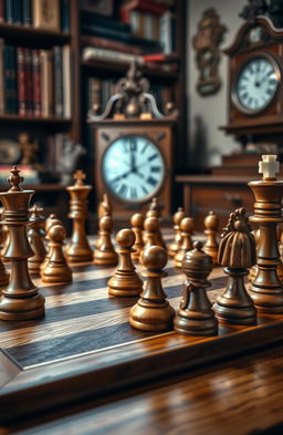 A detailed chessboard set up for a game in progress, featuring ornate chess pieces made of wood and marble, each piece uniquely designed