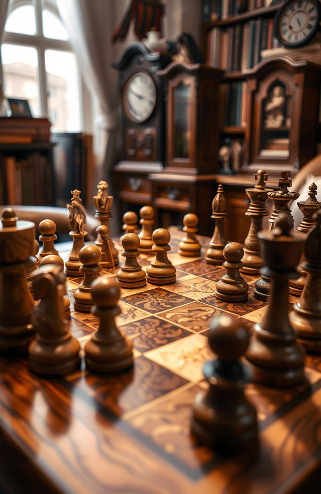 A detailed chessboard set up for a game in progress, featuring ornate chess pieces made of wood and marble, each piece uniquely designed