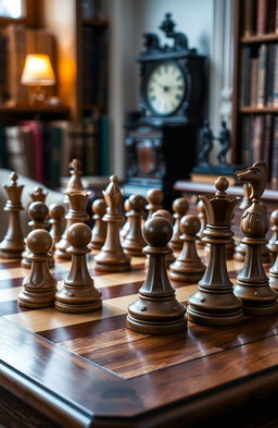 A detailed chessboard set up for a game in progress, featuring ornate chess pieces made of wood and marble, each piece uniquely designed