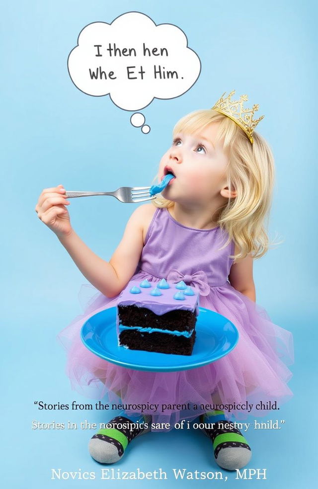 A whimsical scene featuring a blonde 8-year-old girl with a golden plastic tiara, looking up and to her right