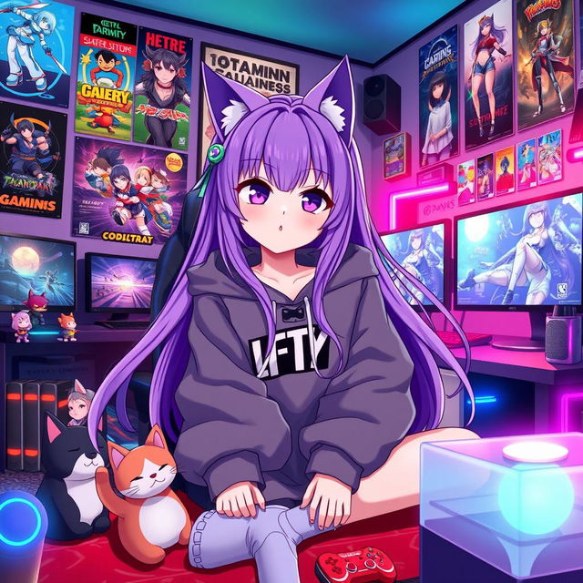 An enchanting anime-style illustration of a cat girl with long, flowing purple hair and adorable cat ears, wearing a trendy oversized hoodie with gaming motifs