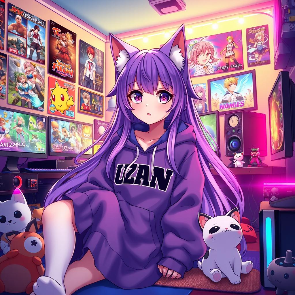 An enchanting anime-style illustration of a cat girl with long, flowing purple hair and adorable cat ears, wearing a trendy oversized hoodie with gaming motifs