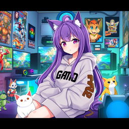 An enchanting anime-style illustration of a cat girl with long, flowing purple hair and adorable cat ears, wearing a trendy oversized hoodie with gaming motifs