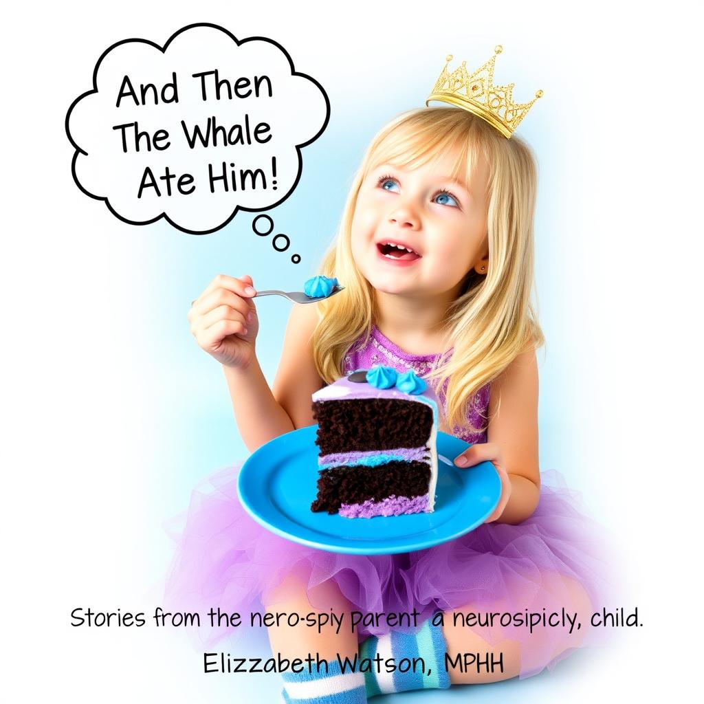 A whimsical scene featuring a blonde 8-year-old girl with a golden plastic tiara, looking up and to her right with a playful expression as she licks blue icing off a silver plastic fork