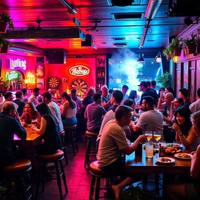 A bustling, vibrant bar scene filled with diverse patrons enjoying their time