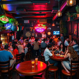 A bustling, vibrant bar scene filled with diverse patrons enjoying their time