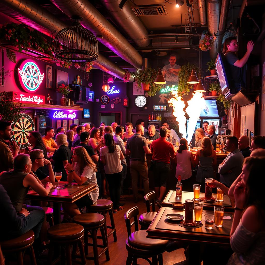 A bustling, vibrant bar scene filled with diverse patrons enjoying their time