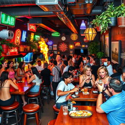 A bustling, vibrant bar scene filled with diverse patrons enjoying their time