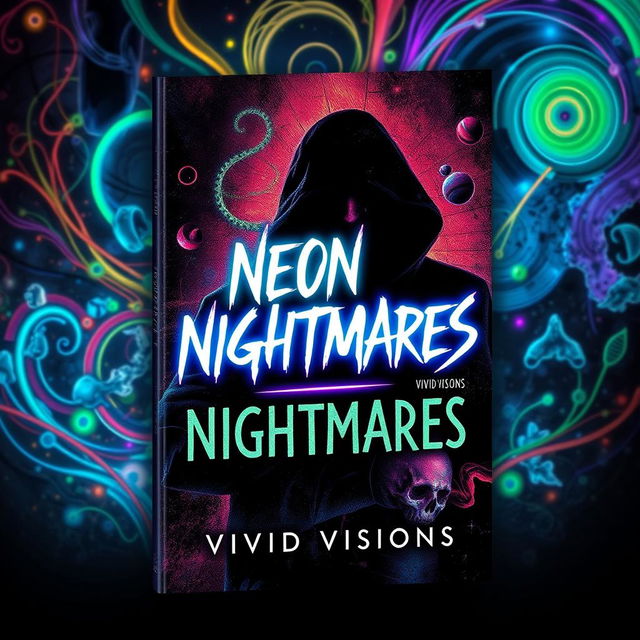 A haunting and intriguing book cover for 'Neon Nightmares' by Vivid Visions, featuring a blend of psychological horror elements with abstract and colorful imagery