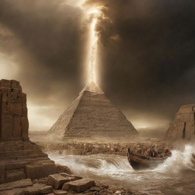 Answering the Pharaoh's defiance, divine wrath takes form of a furious cyclone. It sweeps across ancient Egypt, tormenting the Pharaoh and his followers, a powerful testament to the consequences of arrogance.