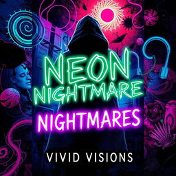 A haunting and intriguing book cover for 'Neon Nightmares' by Vivid Visions, featuring a blend of psychological horror elements with abstract and colorful imagery