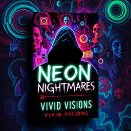 A haunting and intriguing book cover for 'Neon Nightmares' by Vivid Visions, featuring a blend of psychological horror elements with abstract and colorful imagery