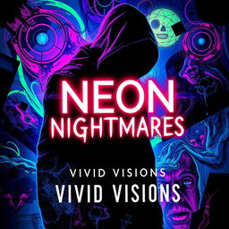 A haunting and intriguing book cover for 'Neon Nightmares' by Vivid Visions, featuring a blend of psychological horror elements with abstract and colorful imagery