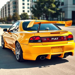 A stunning 1995 Fiat Coupe featuring a sleek body kit and an eye-catching spoiler, all in a vibrant yellow color