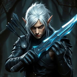 An intense image of a dark elf with striking white hair, wounded by arrows, showcasing a fierce and resilient expression