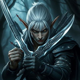 An intense image of a dark elf with striking white hair, wounded by arrows, showcasing a fierce and resilient expression