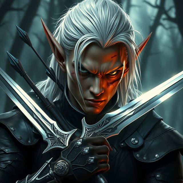 An intense image of a dark elf with striking white hair, wounded by arrows, showcasing a fierce and resilient expression