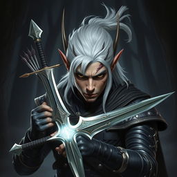 An intense image of a dark elf with striking white hair, wounded by arrows, showcasing a fierce and resilient expression