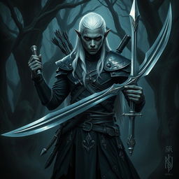 An impressive portrayal of an elf with deep black skin and striking white hair, showcasing arrow wounds that tell a story of battle and resilience