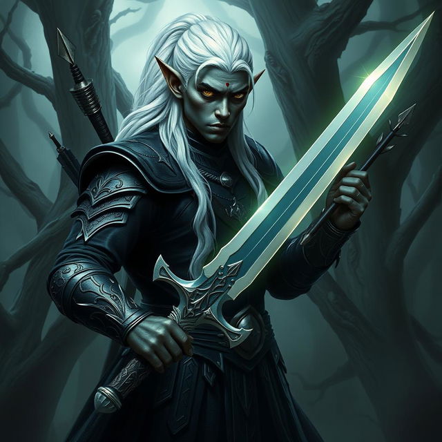 An impressive portrayal of an elf with deep black skin and striking white hair, showcasing arrow wounds that tell a story of battle and resilience