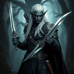 An impressive portrayal of an elf with deep black skin and striking white hair, showcasing arrow wounds that tell a story of battle and resilience