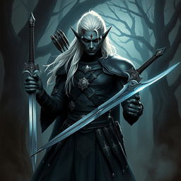 An impressive portrayal of an elf with deep black skin and striking white hair, showcasing arrow wounds that tell a story of battle and resilience