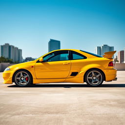 A striking 1995 Fiat Coupe adorned with a sleek body kit and a prominent spoiler, painted in a bold yellow color