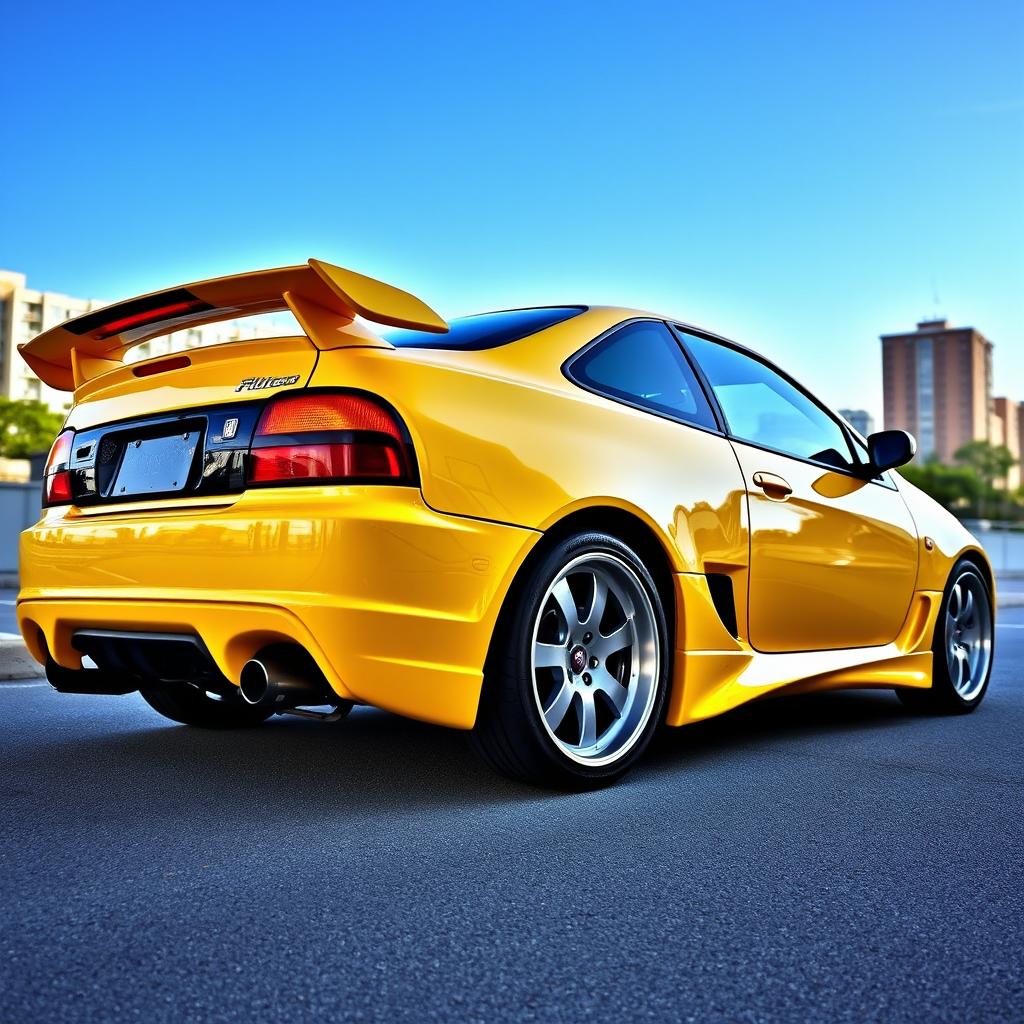 A striking 1995 Fiat Coupe adorned with a sleek body kit and a prominent spoiler, painted in a bold yellow color