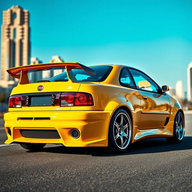 A striking 1995 Fiat Coupe adorned with a sleek body kit and a prominent spoiler, painted in a bold yellow color