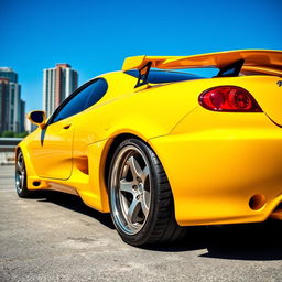 A striking 1995 Fiat Coupe adorned with a sleek body kit and a prominent spoiler, painted in a bold yellow color