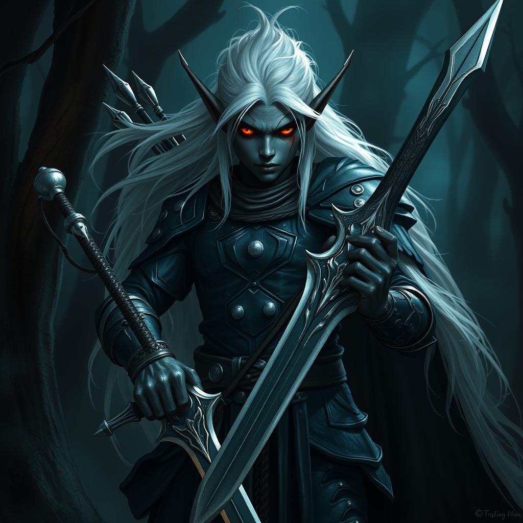 A striking depiction of an elf with deep black skin, vibrant red eyes, and flowing white hair, showcasing arrow wounds that highlight his battle-hardened nature