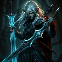 A striking depiction of an elf with deep black skin, vibrant red eyes, and flowing white hair, showcasing arrow wounds that highlight his battle-hardened nature