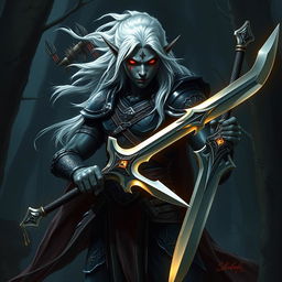 A striking depiction of an elf with deep black skin, vibrant red eyes, and flowing white hair, showcasing arrow wounds that highlight his battle-hardened nature