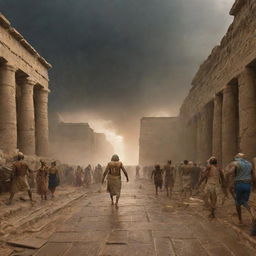 As the divine cyclone wreaks havoc, the Pharaoh's followers flee in panic, darting through the storm-ravaged streets of ancient Egypt in terror, caught in the crossfire of the Pharaoh's confrontation with divine interventions.