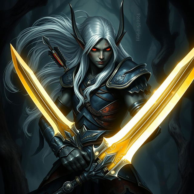 A striking depiction of an elf with deep black skin, vibrant red eyes, and flowing white hair, showcasing arrow wounds that highlight his battle-hardened nature