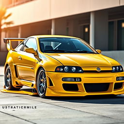A captivating 1995 Fiat Coupe showcasing an aggressive body kit and a sporty spoiler, all presented in a striking yellow color