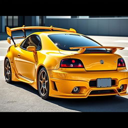 A captivating 1995 Fiat Coupe showcasing an aggressive body kit and a sporty spoiler, all presented in a striking yellow color