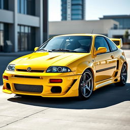 A captivating 1995 Fiat Coupe showcasing an aggressive body kit and a sporty spoiler, all presented in a striking yellow color