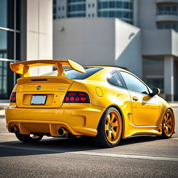 A captivating 1995 Fiat Coupe showcasing an aggressive body kit and a sporty spoiler, all presented in a striking yellow color