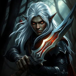A captivating image of an elf with rich black skin, vibrant red eyes, and flowing white hair, adorned with arrow wounds that highlight his battle experience