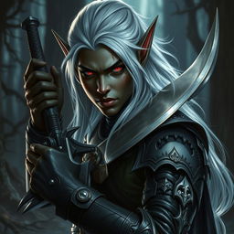 A captivating image of an elf with rich black skin, vibrant red eyes, and flowing white hair, adorned with arrow wounds that highlight his battle experience