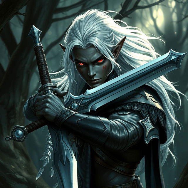 A captivating image of an elf with rich black skin, vibrant red eyes, and flowing white hair, adorned with arrow wounds that highlight his battle experience