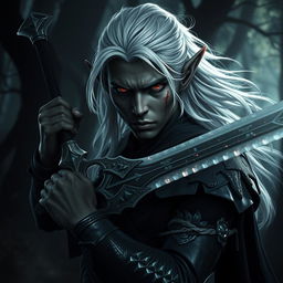 A captivating image of an elf with rich black skin, vibrant red eyes, and flowing white hair, adorned with arrow wounds that highlight his battle experience