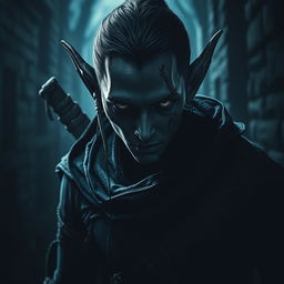 A dramatic and intense portrayal of a rogue elf with deep black skin, featuring striking visuals such as sin ojos (without eyes), which adds an enigmatic and haunting quality to his character