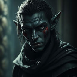 A dramatic and intense portrayal of a rogue elf with deep black skin, featuring striking visuals such as sin ojos (without eyes), which adds an enigmatic and haunting quality to his character