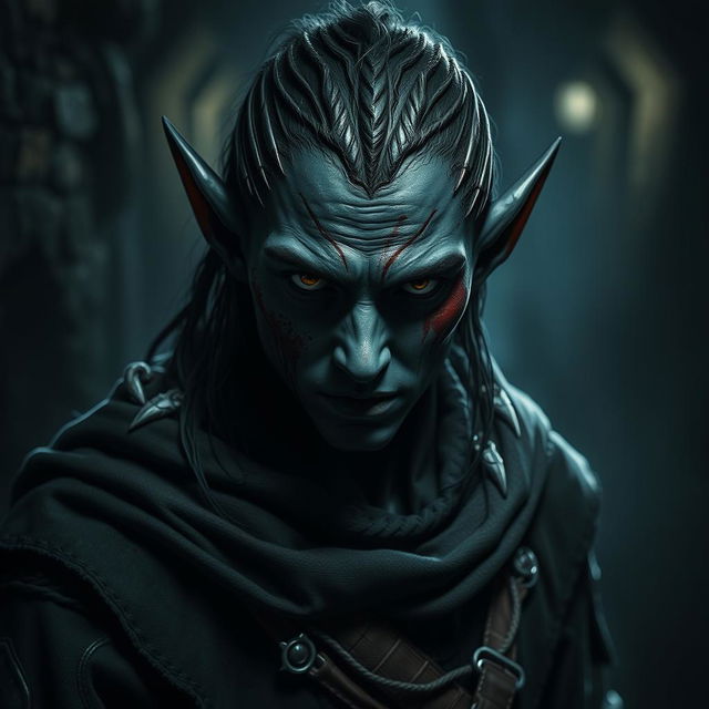 A dramatic and intense portrayal of a rogue elf with deep black skin, featuring striking visuals such as sin ojos (without eyes), which adds an enigmatic and haunting quality to his character